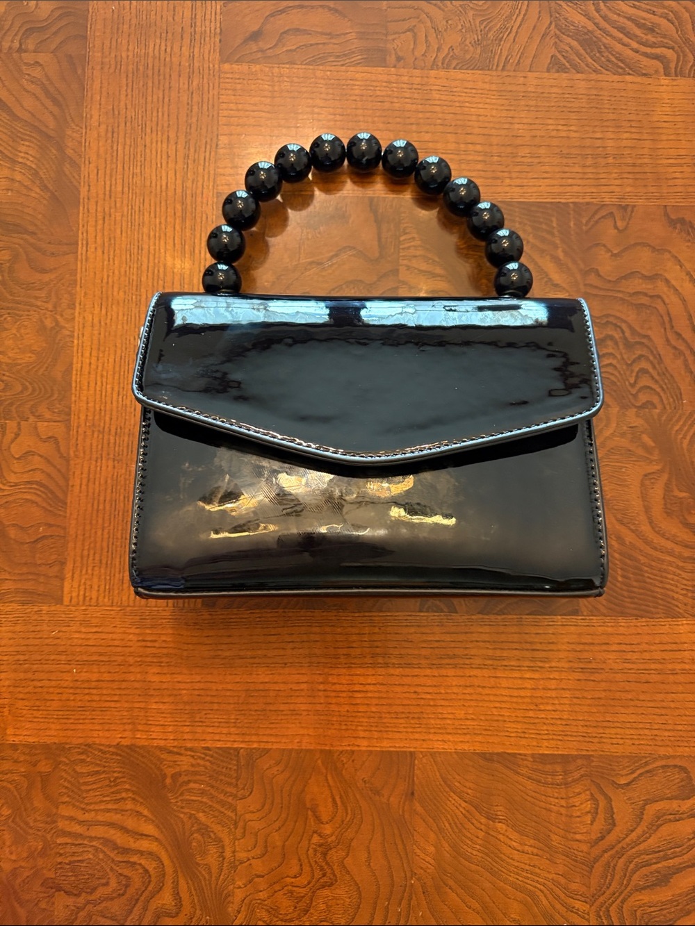 Sleek Patent Beaded-Handle Women’s Handbag - Black